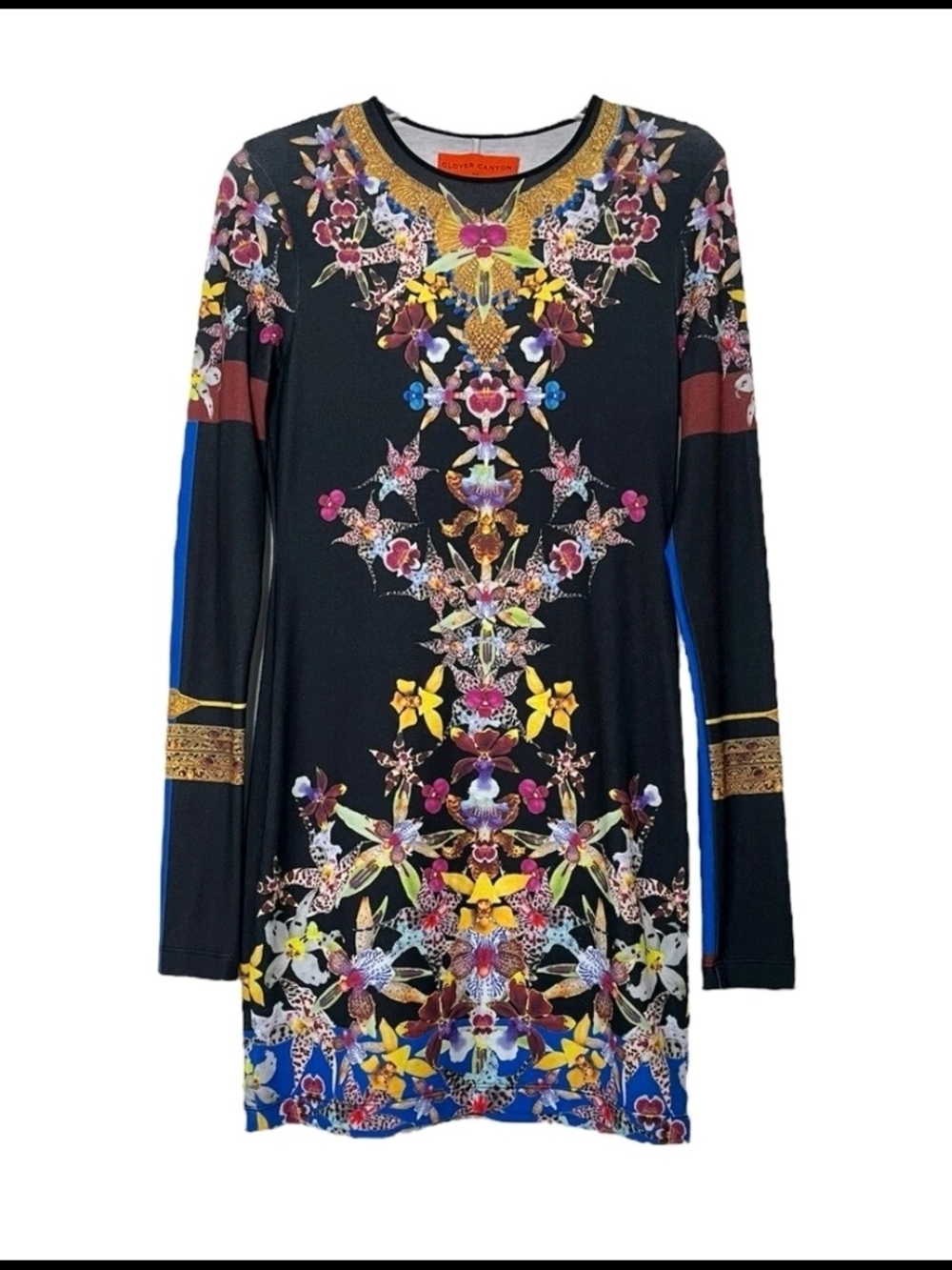 Clover Canyon Maximalist Dress XS Floral Mosaic Long-Sleeve Shift Dress in Black